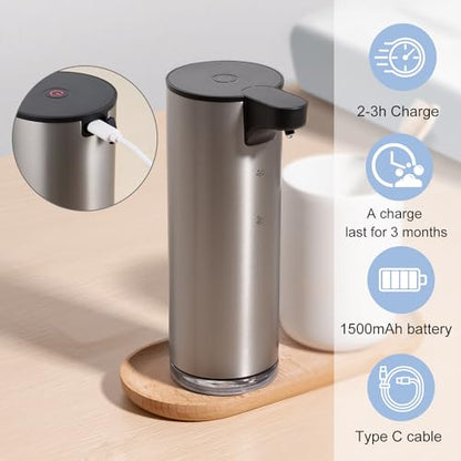Automatic Soap Dispenser, Rechargeable Stainless Steel Foaming Soap Dispenser Touchless for Bathroom Auto Hand Soap Pump for Kitchen, Xmas Gift,9oz - color: Silver-black