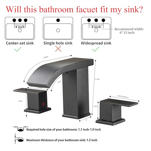 Bathroom faucets 3 Hole Widespread Modern Bathroom Sink Faucet 8 inch Matte Black Bathroom 3 Hole LED Light Waterfall Vanity Faucet Sink with Pop Up Drain (Matte Black) - color: Matte Black