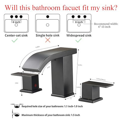 Bathroom faucets 3 Hole Widespread Modern Bathroom Sink Faucet 8 inch Matte Black Bathroom 3 Hole LED Light Waterfall Vanity Faucet Sink with Pop Up Drain (Matte Black) - color: Matte Black