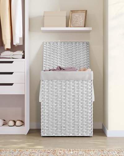SONGMICS Laundry Hamper with Lid, 23.8 Gallon (90 L) Synthetic Rattan Clothes Laundry Basket with Lid and Handles, Foldable, Removable Liner, Cloud White ULCB51WT - color: Cloud White, size: 90 L