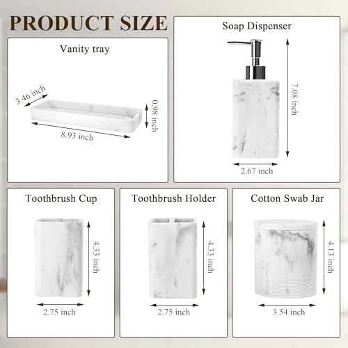 Bathroom Accessories Set, 6 Piece Soap Dispenser Set - Marble White | Bathroom Set with Toothbrush Holders, Soap Dispenser, Vanity Tray, Tumbler, Cotton Swab Jars, Bathroom Organizer and Storage - color: White
