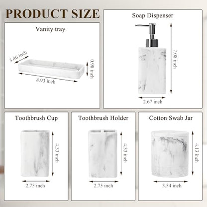Bathroom Accessories Set, 6 Piece Soap Dispenser Set - Marble White | Bathroom Set with Toothbrush Holders, Soap Dispenser, Vanity Tray, Tumbler, Cotton Swab Jars, Bathroom Organizer and Storage - color: White
