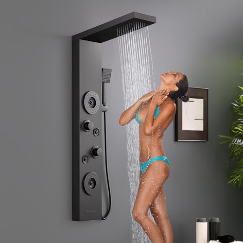 5 in 1 Rainfall Shower Panel Tower with Tub Spout, Matte Black | Stainless Steel Shower Column with 2-Setting Body Massage Jets, Flexible Handheld and Waterfall Tub Spout - color: Matte Black