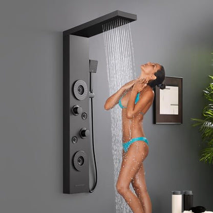 5 in 1 Rainfall Shower Panel Tower with Tub Spout, Matte Black | Stainless Steel Shower Column with 2-Setting Body Massage Jets, Flexible Handheld and Waterfall Tub Spout - color: Matte Black