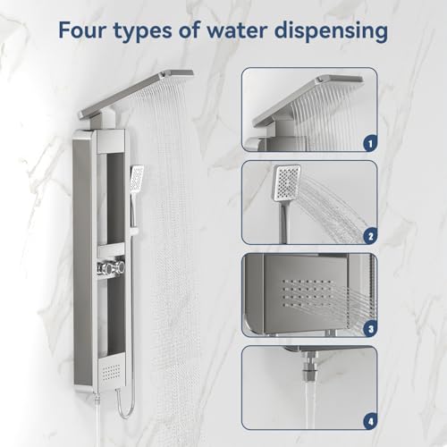 ELLO&ALLO Shower Panel Tower System with Shelf, Rainfall Shower Head and Rain Massage System with Body Jets, Stainless Steel Bathroom Fixtures, Brushed Nickel&Chrome