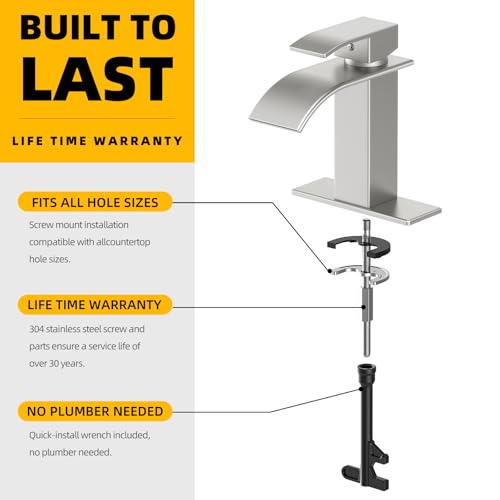 Waterfall Bathroom Faucet,Brushed Nickel Stainless Steel, 1-Handle | Modern Bathroom Sink Faucet for RV & Outdoor Basins, Pop-Up Drain, Supply Lines, 6-in Deck Plate, 1- or 3-Hole, NSF Certified - color: Brushed Nickel