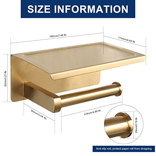 NearMoon Toilet Paper Holder with Shelf, Heavy Duty Bath Toilet Roll Holder with Phone Shelf Tissue Hanger for Bathroom/Kitchen No Drill or Wall Mounted(304 Stainless Steel, Brushed Gold) - color: Brushed Gold