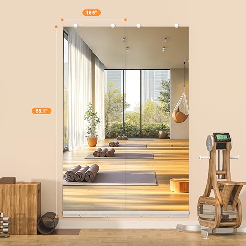 Hasipu Home Gym Mirror, 55"x17" Each, 2-Pack Frameless Wall Mounted Mirrors with Glass Clamps & 1 Aluminum Rail, Large Body Mirror for Home Gym, Yoga Studio, Bedroom, Silver Tempered Glass - size: 55"x17" - 2PCS