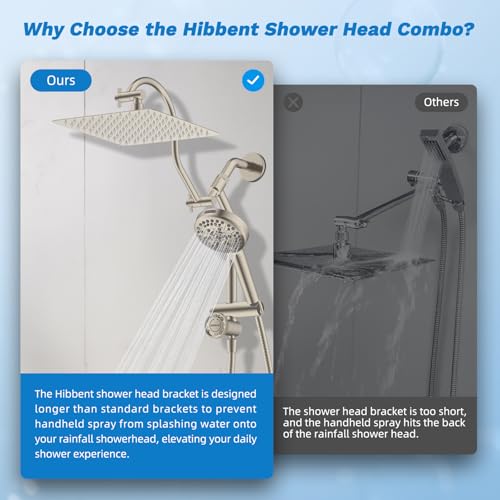 Hibbent High Pressue All Metal 10" Rainfall Shower Head, Handheld 10-Spray | cUPC Certified Brushed Nickel Dual Showerhead Combo, 4-way Diverter with Pause Mode, Brass Extension Arm, 71'' Hose & Holder - color: Brushed Nickel, style: Square 10"