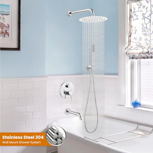 gotonovo Tub Shower Faucet Set with Valve,Polish Chrome,Straight Handheld | 10” Rain Shower Head with Handheld Trim Kit,Luxury Shower System with Tub Spout,All Metal,Bathroom Wall Mounted 3 Function - color: Chrome