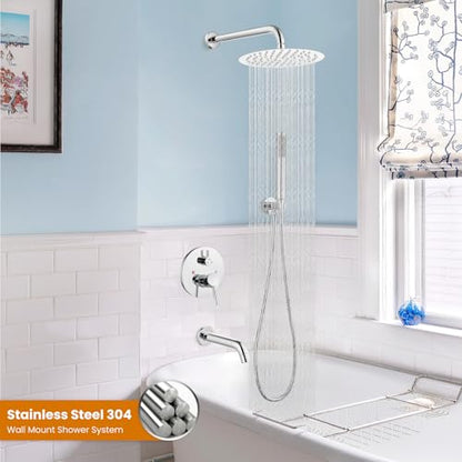 gotonovo Tub Shower Faucet Set with Valve,Polish Chrome,Straight Handheld | 10” Rain Shower Head with Handheld Trim Kit,Luxury Shower System with Tub Spout,All Metal,Bathroom Wall Mounted 3 Function - color: Chrome