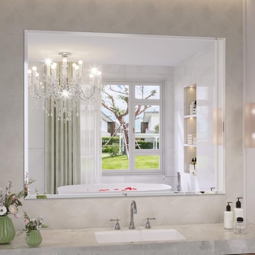 Frameless Bathroom Mirror, 40"x32" Beveled Bathroom Vanity Mirror | 15mm beveled edge, frameless, 5mm HD glass, anti-rust, french cleat, horizontally or vertically, for bathroom/bedroom - size: 40"L x 32"W