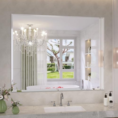 Frameless Bathroom Mirror, 40"x32" Beveled Bathroom Vanity Mirror | 15mm beveled edge, frameless, 5mm HD glass, anti-rust, french cleat, horizontally or vertically, for bathroom/bedroom - size: 40"L x 32"W