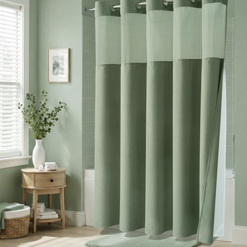 Sage Green Hook Free Waffle Shower Curtain & Snap-in Liner,72x75 | Less Time to install, 3 in 1 Fabric Shower Curtain and Liner Set with Magnets, Mesh Top Window, Shower Curtains for Bathroom - color: A Sage Green, size: 72"W x 75"L (Pack of 1)