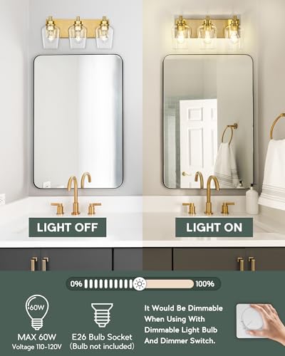 3-Light Brushed Gold Bathroom Vanity Light, Wine Clear Glass Shades | 17" modern bathroom light fixtures over mirror, E26 base, bulbs not included, VL155-BG-3 - color: Brushed Gold, Wine Glass Shade, size: 3-light