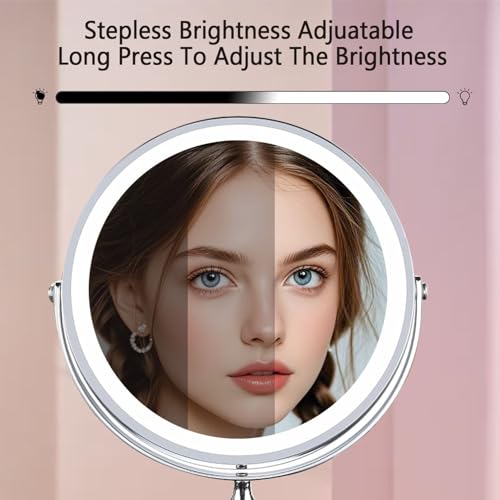 Makeup Mirror with Lights ，8 Inch 1X/10X Rechargeable Double Sided Magnifying, 360° Rotation LED HD Mirror with 3 Colors，Brightness Adjustable, Gifts for Women & Men