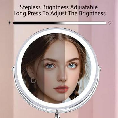 Makeup Mirror with Lights ，8 Inch 1X/10X Rechargeable Double Sided Magnifying, 360° Rotation LED HD Mirror with 3 Colors，Brightness Adjustable, Gifts for Women & Men