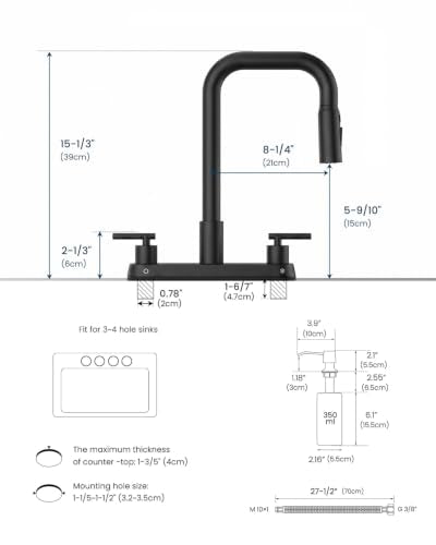 APPASO 4 Hole Kitchen Faucet Matte Black, Dual Handle with Soap Dispenser | Black Kitchen Faucet with Pull Down Sprayer, Square Neck Stainless Steel, Fit for 3 or 4 Holes Standard Sinks, Spot Resist - color: 2-Black