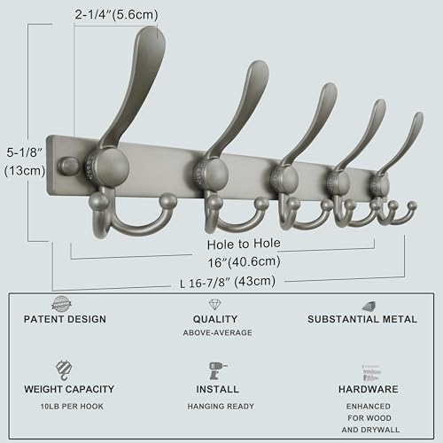 Coat Rack Wall Mount, Heavy Duty 12-Gauge Base vs Flimsy 1mm, Double-Thick Solid Anti-Snap Hooks, 16” Stud-Mount, Stainless Steel Hanger for Clothes Hat Entryway Closet Mudroom, Grey - color: Gray, size: L=17" (1pcs)