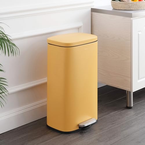 happimess Curtis 8 Gal Step Trash Can Soft Close 25", Daffodil Yellow | Iron Construction, Satin Finish, Removable Liner, Steel Pedal, 20 Trash Bags Included, Kitchen Office Bin - color: Daffodil Yellow