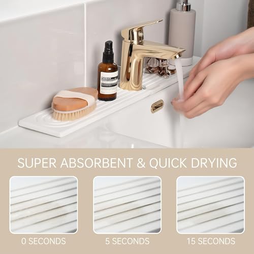 Diatomite Sink Splash Guard – Super Absorbent Kitchen & Bath Mat, Quick-Dry Non-Slip Drying Tray, Fits Most Faucets, Pet Bowl Mat, Vase Holder (White, 15.8'' x 4'') - color: White-D