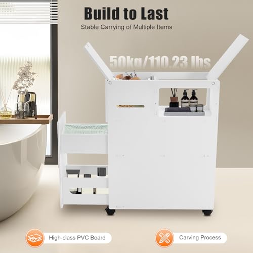 Narrow Bathroom Storage Cabinet with Wheels and Drawers, Slim Toilet Side Floor Cabinet, White Bathroom Organizer with Toilet Paper Holder for Small Spaces