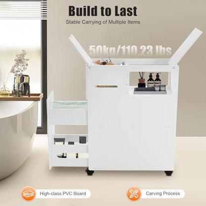 Narrow Bathroom Storage Cabinet with Wheels and Drawers, Slim Toilet Side Floor Cabinet, White Bathroom Organizer with Toilet Paper Holder for Small Spaces
