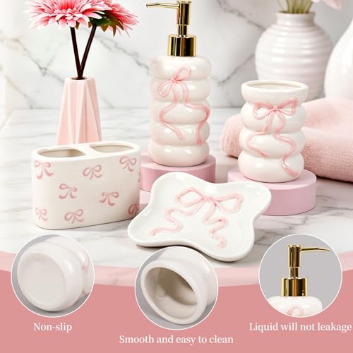 JarThenaAMCS 4Pcs Pink 3D Bow Bathroom Accessories Coquette Ceramic Liquid Dispenser Toothbrush Holder Tumbler Soap Dish for Valentine's Day Home Vanity Decor