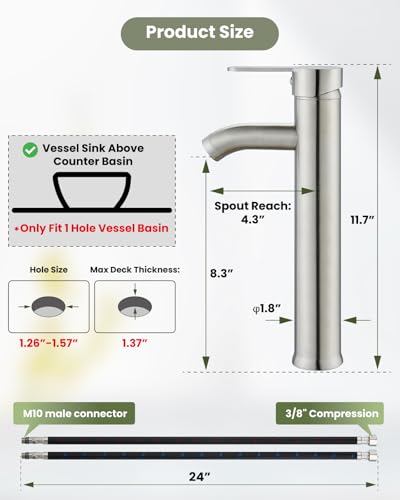 gotonovo Bathroom Vessel Sink Faucet Metal Pop Up Drain, Brushed Nickel | Tall Bathroom Faucet 1 Hole Single Handle Modern Round Body, cUPC Water Supply Hoses, for Basin Vanity Lavatory Restroom Rv - color: Nickel