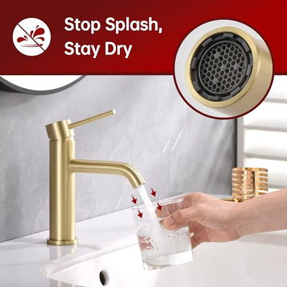 SUMERAIN Bathroom Sink Faucet Brushed Gold Single Handle Single Hole | Lead-Free, Stainless Steel, with Faucet Supply Lines, Easy DIY Install - color: Brushed Gold, size: Undermount Sink faucet