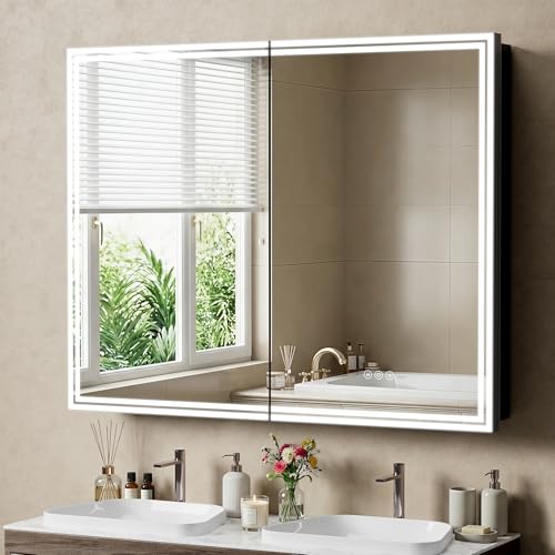 40"x32" Lighted Bathroom Medicine Cabinet, LED Medicine Cabinet Mirror with Electrical Outlet & USB Port, Defogger and Dimmable 3 Colors Adjustment, Aluminum Door Frame-Recessed/Wall Mounted - size: 40" x 32”