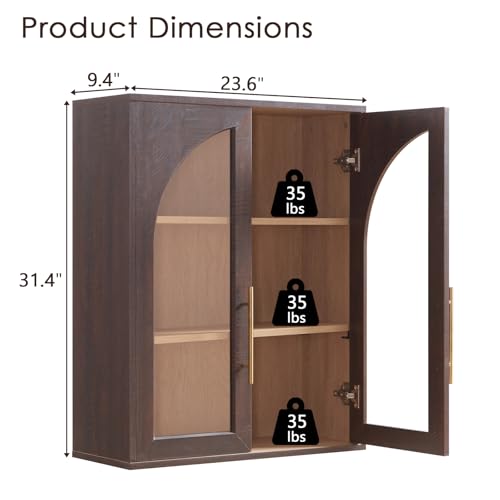 Bathroom Wall Cabinet, 23.5×31.4'' Storage Cabinet, Arched Cabinet Wall Mount with Adjustable Shelf & Glass Doors, Medicine Cabinet for Laundry Room, Bathroom, Kitchen, Living Room, Brown/Natural oak - color: Brown/Natural