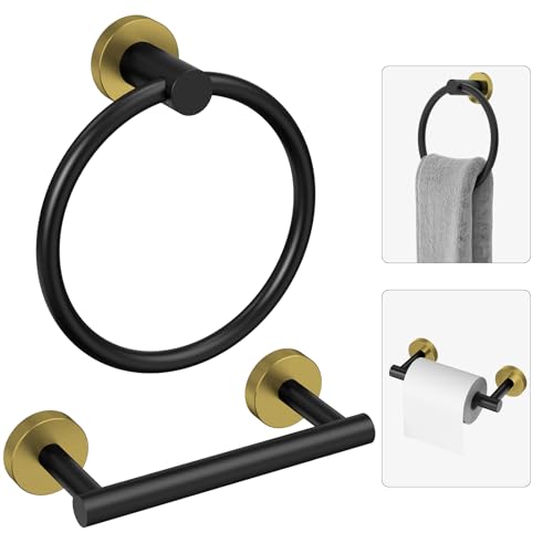 Black and Gold Toilet Paper Holder & Towel Holder Bathroom Hardware Set | SUS304 Stainless Steel Double Post Pivoting Tissue Roll Holder and Hand Towel Ring Set for Bathroom RV by Evolvegoods - color: Black Gold