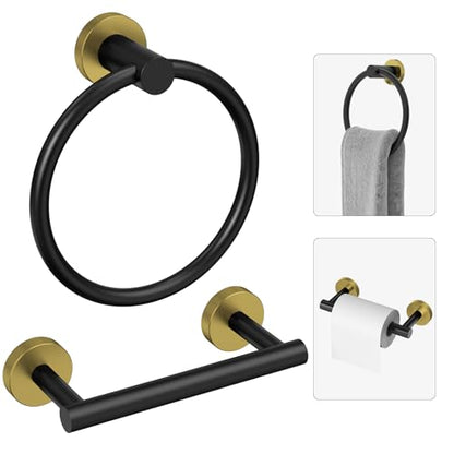 Black and Gold Toilet Paper Holder & Towel Holder Bathroom Hardware Set | SUS304 Stainless Steel Double Post Pivoting Tissue Roll Holder and Hand Towel Ring Set for Bathroom RV by Evolvegoods - color: Black Gold