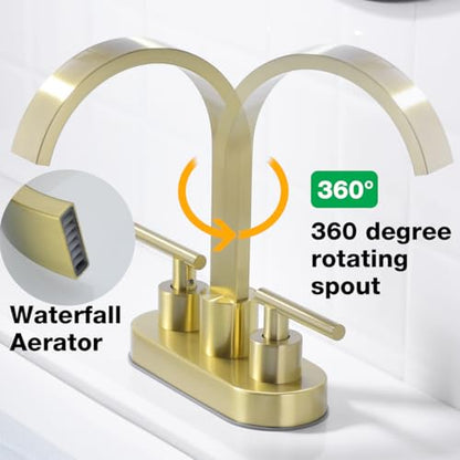 TRUSTMI 4" Centerset Bathroom Faucet, Brushed Gold - High-Flow Waterfall Spout for Deep Sinks, 360° Swivel, 2 or 3 Hole Deck Mount, Includes Drain & Supply Lines - color: Brushed Gold