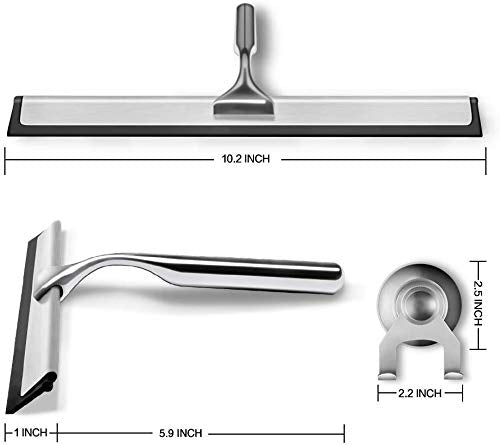BININBOX Shower Squeegee for Shower Doors, Window, Bathroom, Mirror and Car Glass, All-Purpose Cleaning Squeegee with Powerful Suction Cup Hooks Holder – Stainless Steel, 10 Inches. (Black)