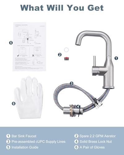 Bar Sink Faucet Single Hole: ARCORA Brushed Nickel Wet Bar Faucets - Prep Sink Faucet 360 Swivel - Small Kitchen Bathroom Faucet with cUPC Supply Lines - color: Brushed Nickel
