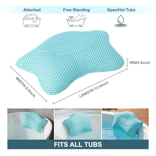 Non Slip Bath Pillow, Luxury Spa Bathtub Head & Neck Rest Support, Permeable Quick Drying Air Mesh Tub Pillow with 4 Large Suction Cups, Fits Any Tubs, Soft and Relaxing-Lake Blue - color: Lake Blue
