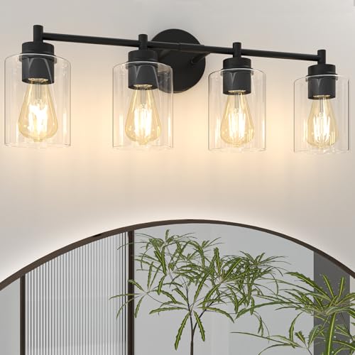 4-Light Bathroom Light Fixtures, Matte Black Modern Vanity Light with Clear Glass Shades, Bathroom Sconce for Mirror Living Room Cabinet Bedroom Porch,E26 Base(Bulbs Not Included) - color: Black 4 Lights