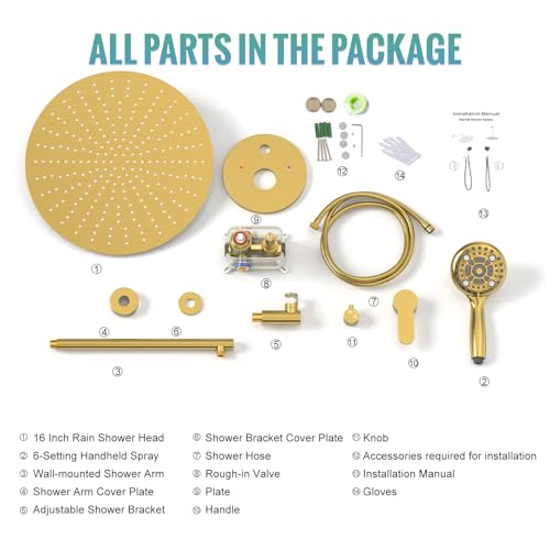 SR SUN RISE Shower Faucet - 16 Inch Multifunctional High Pressure Shower Head System with Handheld Shower Head Fixtures - Valve Included - Brushed Gold - color: Brushed Gold, size: 16 Inch