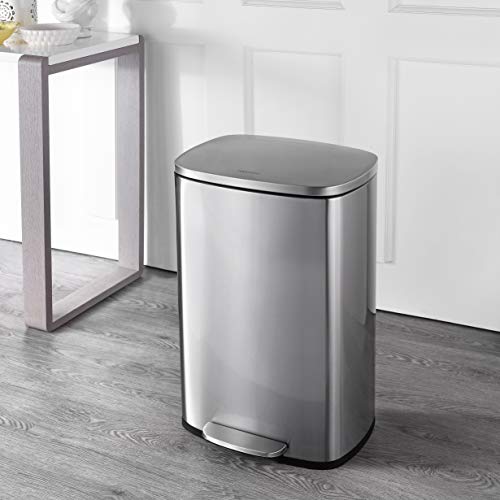 happimess Connor 2-Piece Stainless Steel Trash Can, Platinum Silver | 13.2 and 1.3 Gallons, Rectangular, Soft-Close Lid, Fingerprint Resistant, Step Pedal, 20 Liners, 26" and 12" Height - color: Stainless Steel