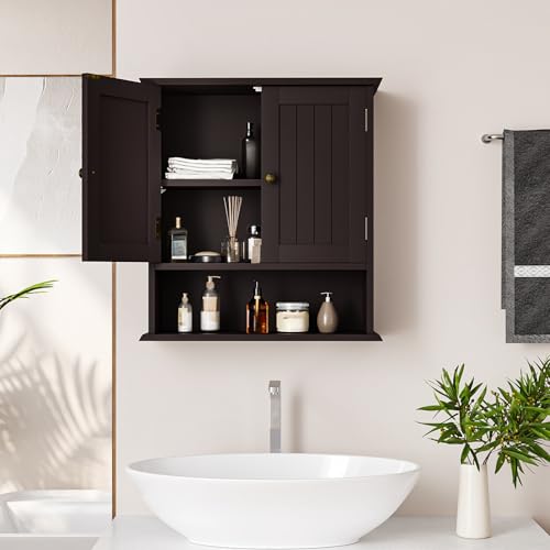Smuxee Brown Bathroom Cabinet Wall Mounted, Small Medicine Cabinet with 2 Door Adjustable Shelves, Wall Cabinet Over Toilet for Laundry Room Kitchen - color: Brown Small