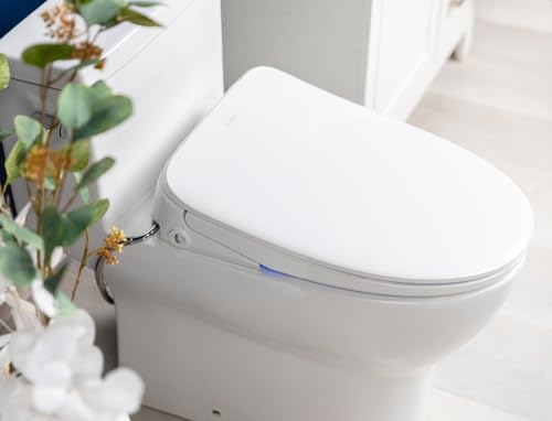 ALPHA BIDET iX Pure Bidet Toilet Seat in Elongated White | Ultra Low Profile | Endless Warm Water | Arced Stainless Steel Nozzle | Blue LED Nightlight | Dryer - size: Elongated