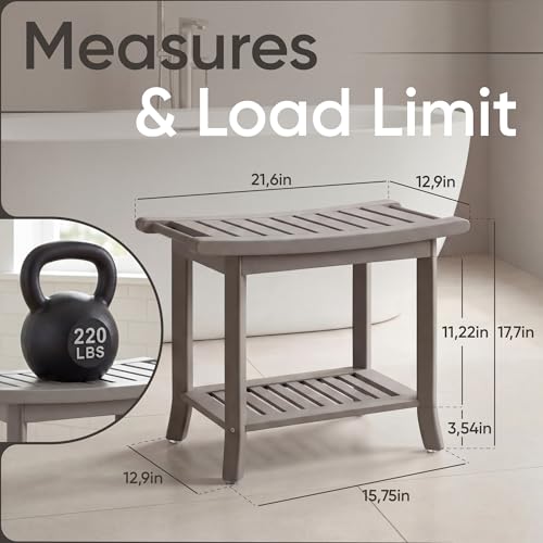 Teak shower bench with Storage Shelf, Shower Stool for Inside Shower, Waterproof Shower Bench Seat, Shower Chair for Inside Shower, Wood Bench, Bathroom Bench (Natural Wood) (Gray Wood) - color: Gray Wood