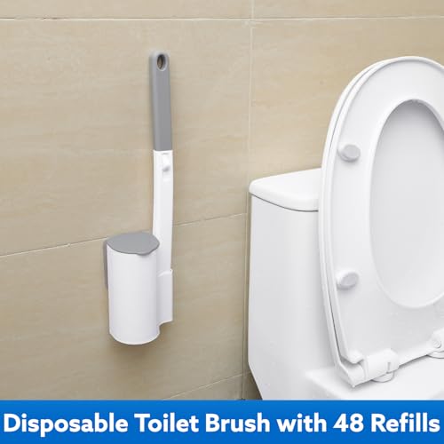 wlich Disposable Toilet Brush Set with 48 Refills, Wall Mount Holder | Flexible Scrubbing Head, Hygienic Toilet Cleaning, Wall-Mounted Storage for Homes, Apartments, Dorms, Offices, Hotels - color: White+grey - 48 Refills