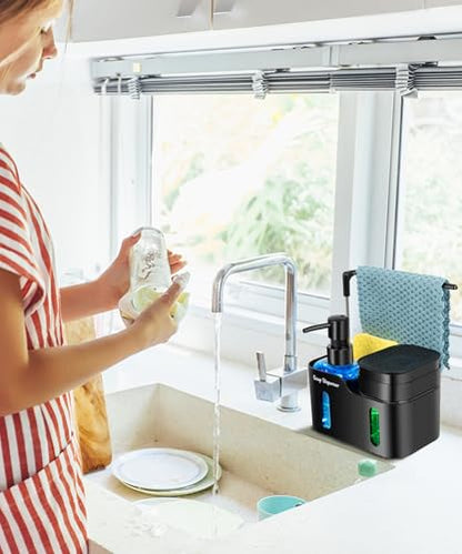 Hand Soap and Dish Soap Dispenser Set for Kitchen, Dual Soap Dispenser with Sponge Holder and Dishcloth Holder 4-in-1 Organizer for Kitchen Sink Countertop, Useful Kitchen Gadgets (Black) - color: Black