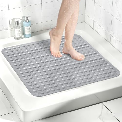 Square Shower Mat Non Slip: 32" x 32" Large Shower Mats for Inside Shower - Soft TPE Cuttable Anti Slip Shower Floor Mat with Drain Holes and Suction Cups - color: Gray
