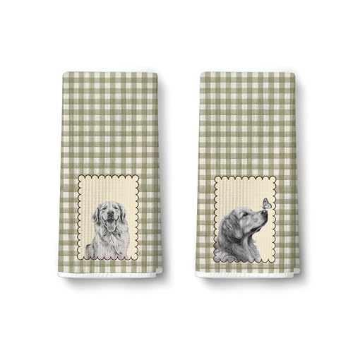 2 Pack Vintage Green Checkered Hand Towels for Bathroom - Sketch Golden Retriever Waffle Bath Hand Towel Decorative for Kitchen Towels, Dog Themed Bathroom Decor, Golden Retriever Gifts for Women113 - color: Wcolor 009