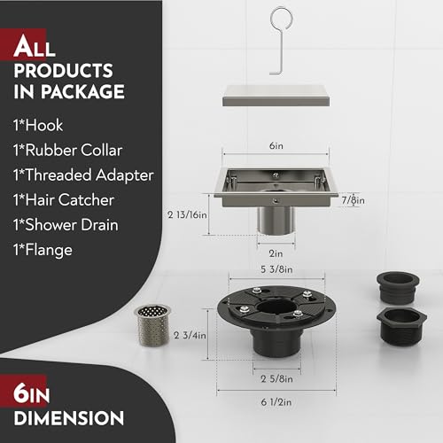 6 Inch Square Shower Drain Nickel Floor Drain with Flange Reversible 2-in-1 Cover Tile Insert Grate Removable SUS304 Stainless Steel CUPC Certified Brushed Nickel - color: Brushed Nickel, size: 6 Inch