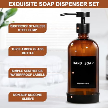 RYTOXILO Amber Glass Soap Dispenser 4 Pack, Hand Soap Dispenser Bathroom with Stainless Steel Pump, 16.9 Fl oz Hand and Dish Soap Dispensers Set Kitchen, Modern Brown Soap Lotion Dispensers Bottle - color: Amber, size: 4 Pack
